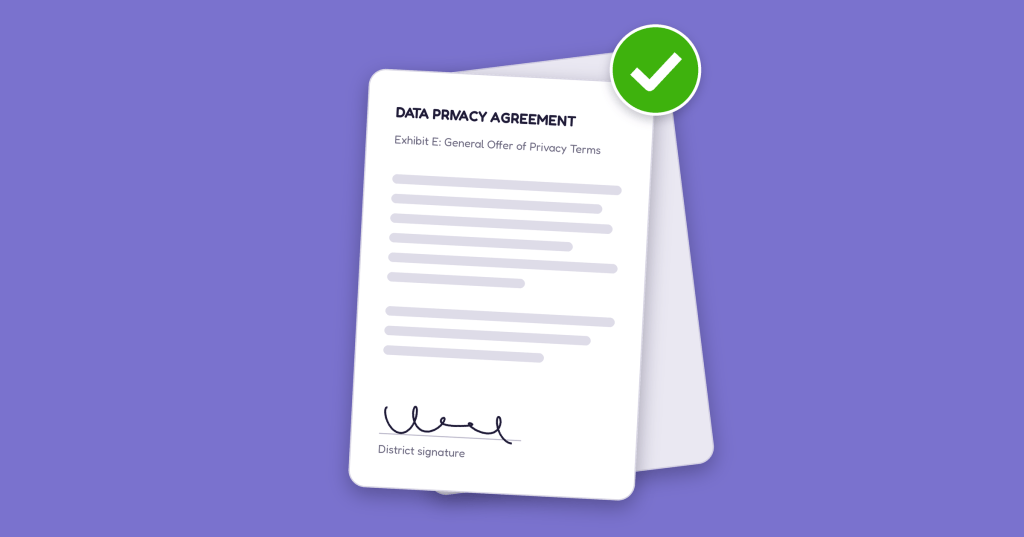 A data privacy agreement document with a green checkmark, indicating approval, on a purple background.