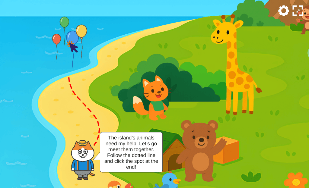 A colorful, cartoon-style illustration of an island with various animals, including a giraffe, fox, bear, and a bird. The scene features balloons in the sky and a path leading to a location, with a speech bubble mentioning a need for help from the island's animals.
