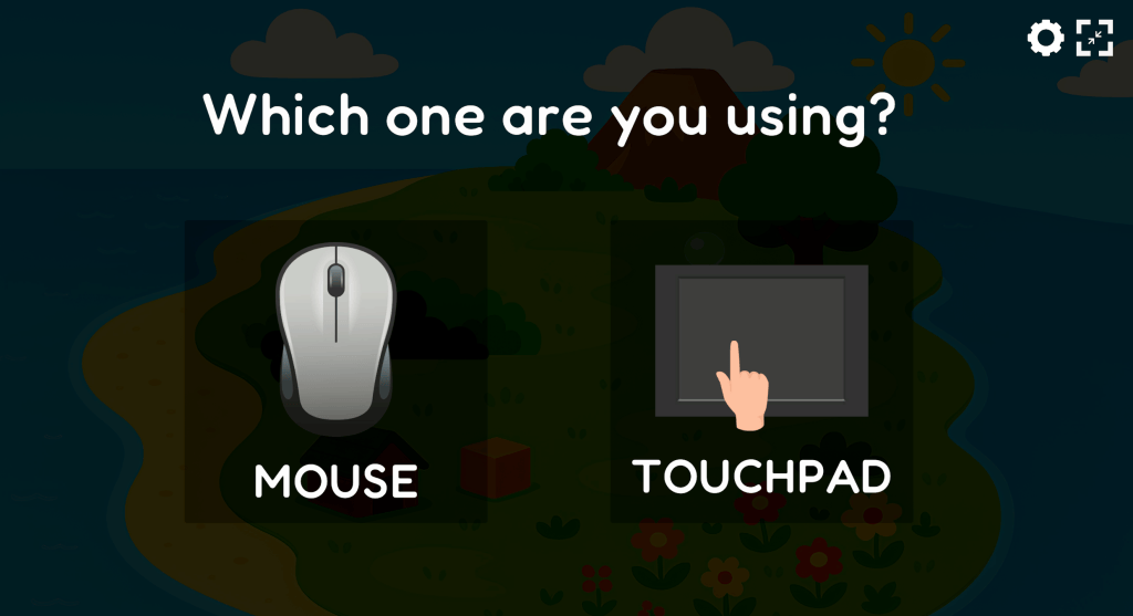 An image asking users if they are using a mouse or touchpad, with illustrations of both devices and a nature-themed background.
