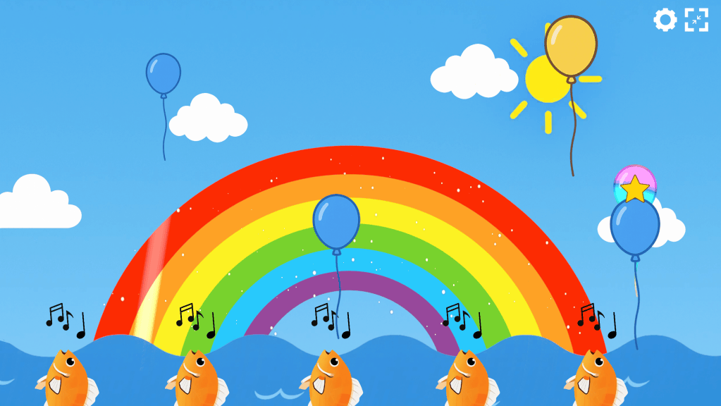 A colorful cartoon scene featuring a rainbow, blue balloons, and goldfish swimming in waves, with musical notes and clouds under a sunny sky.